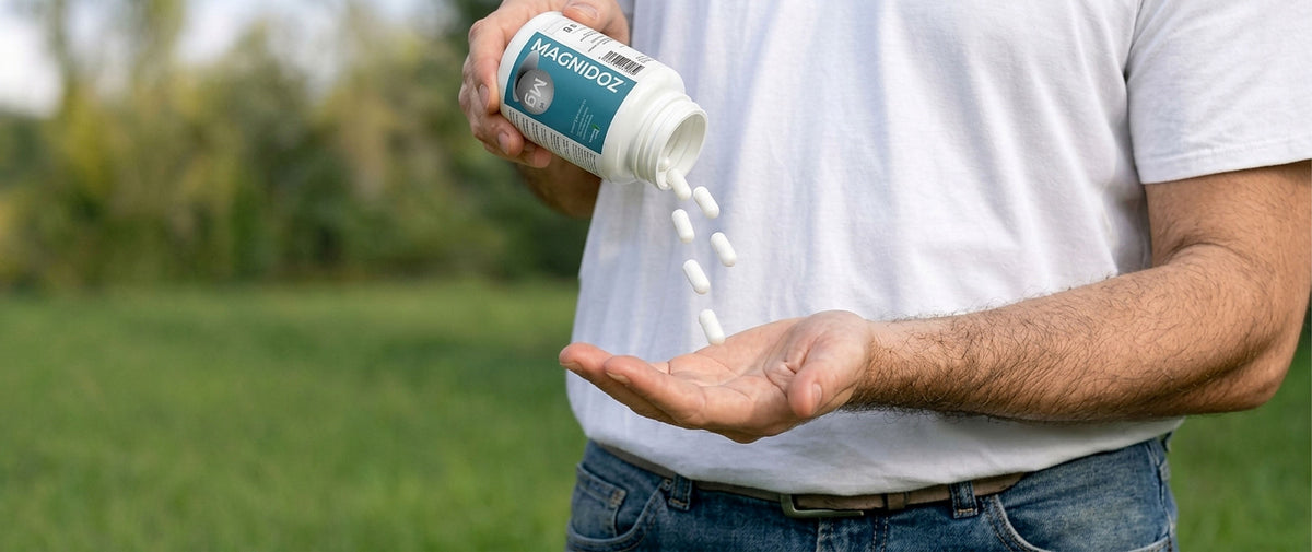 A person outdoors in a grassy field holds a white bottle labeled Magnidoz