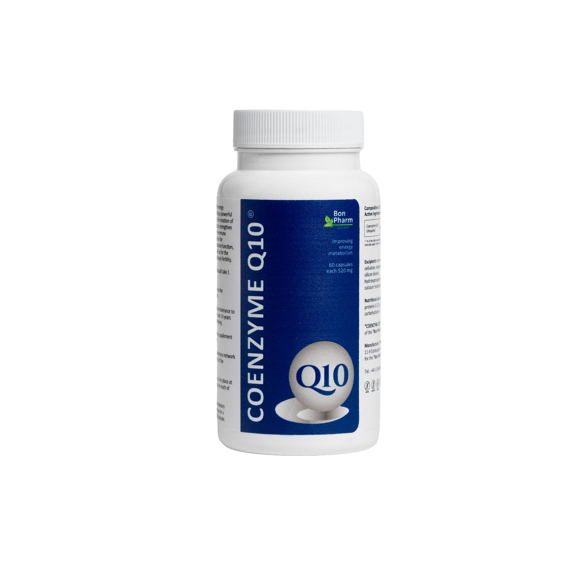 Coenzyme Q10 supplement bottle on a white background