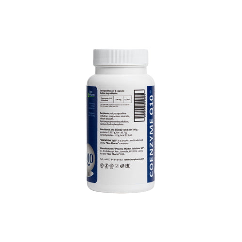 Back of Coenzyme Q10 supplement on a white background