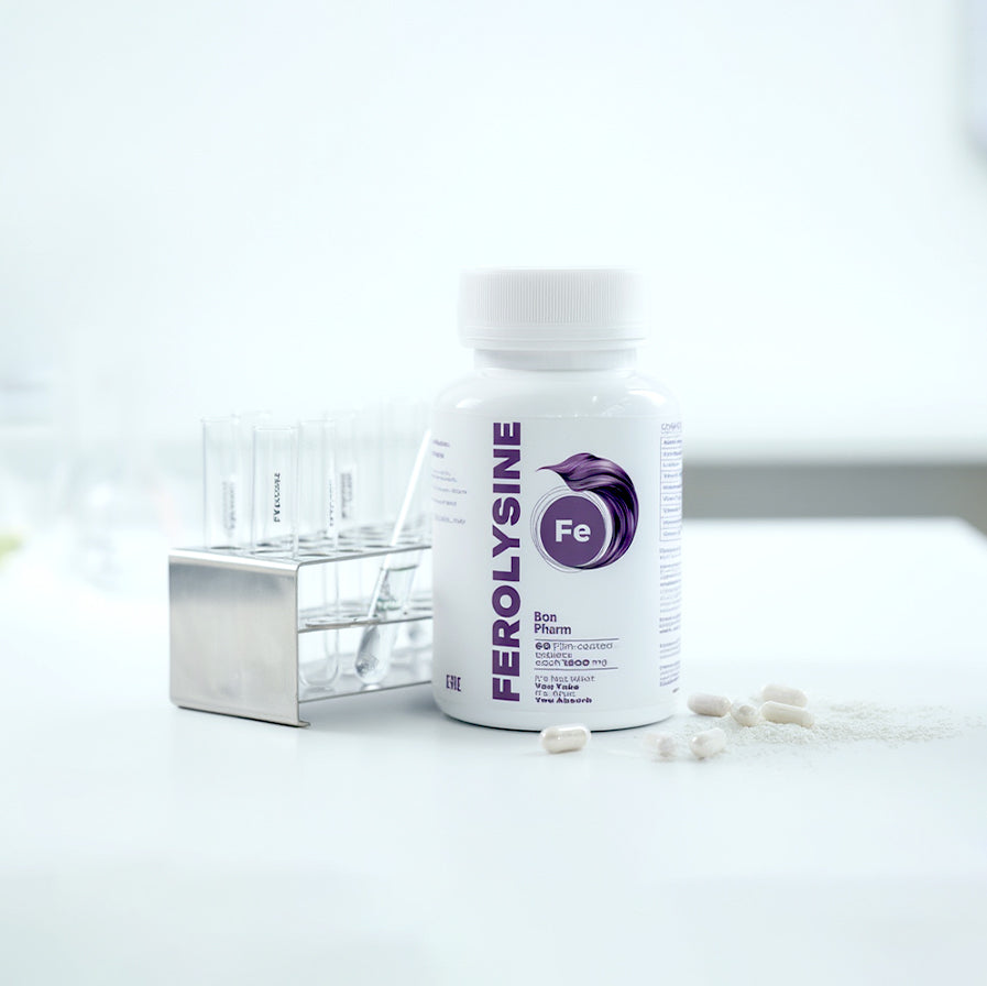 Ferolysine supplement bottle with capsules on a white surface