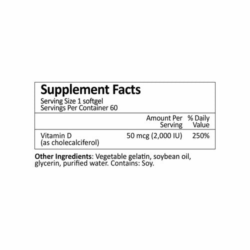 Supplement facts label for a vitamin D supplement on a white background