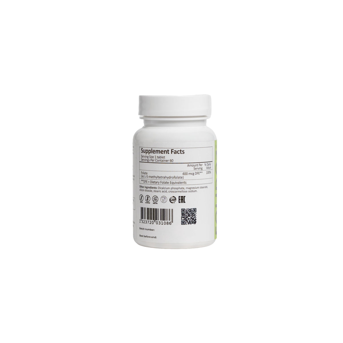 Back of Folidoz supplement bottle on a white background