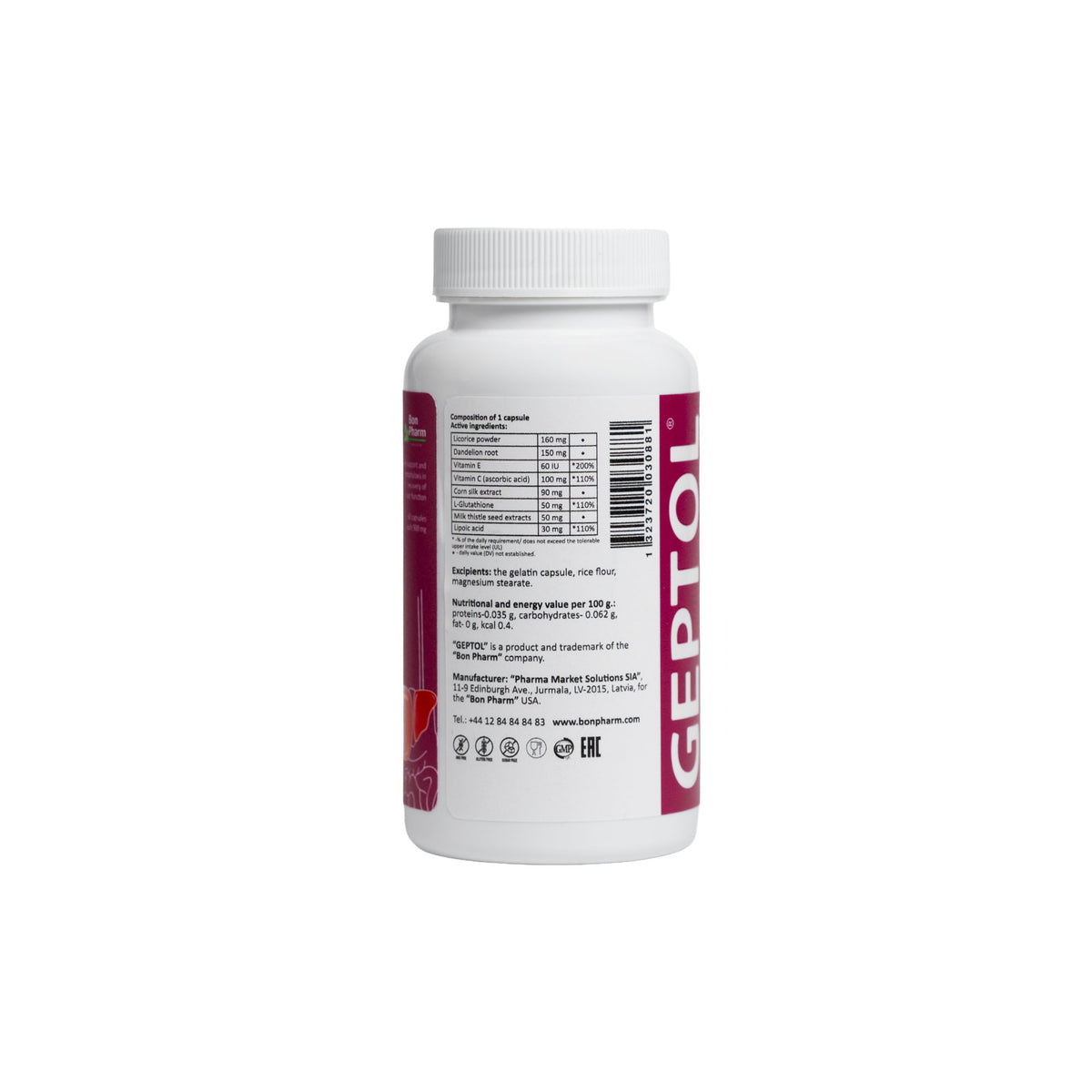 Back of Geptol supplement bottle on a white background
