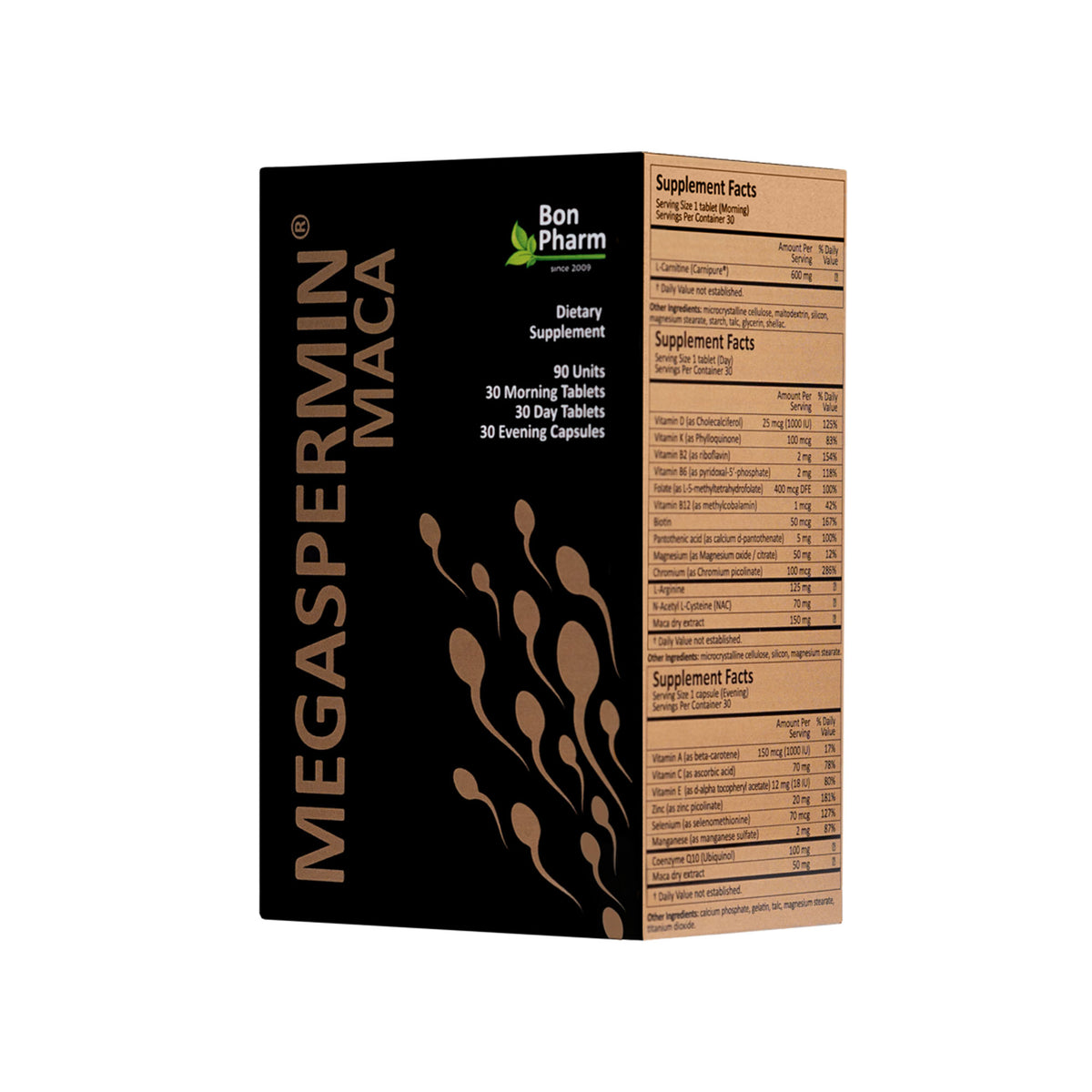 Supplement packaging for Megaspermin Maca by Bonpharm on a white background