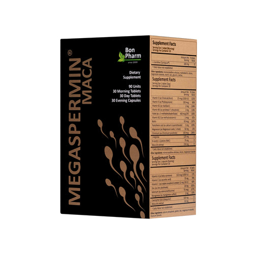 Supplement packaging for Megaspermin Maca by Bonpharm on a white background
