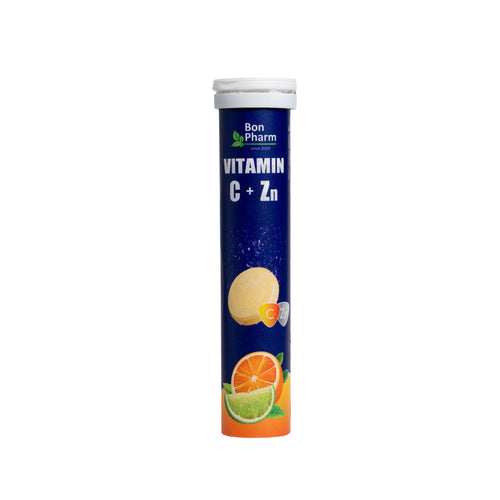 Bon Pharm Vitamin C + Zn supplement tube with fruit illustrations on a blue background, front label