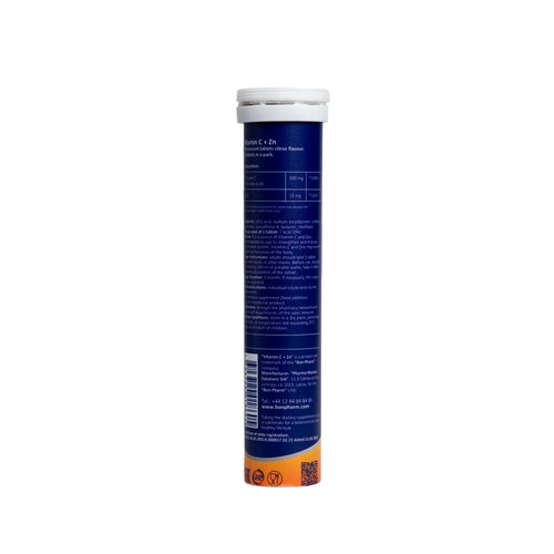 Bon Pharm Vitamin C + Zn supplement tube, blue background, back label